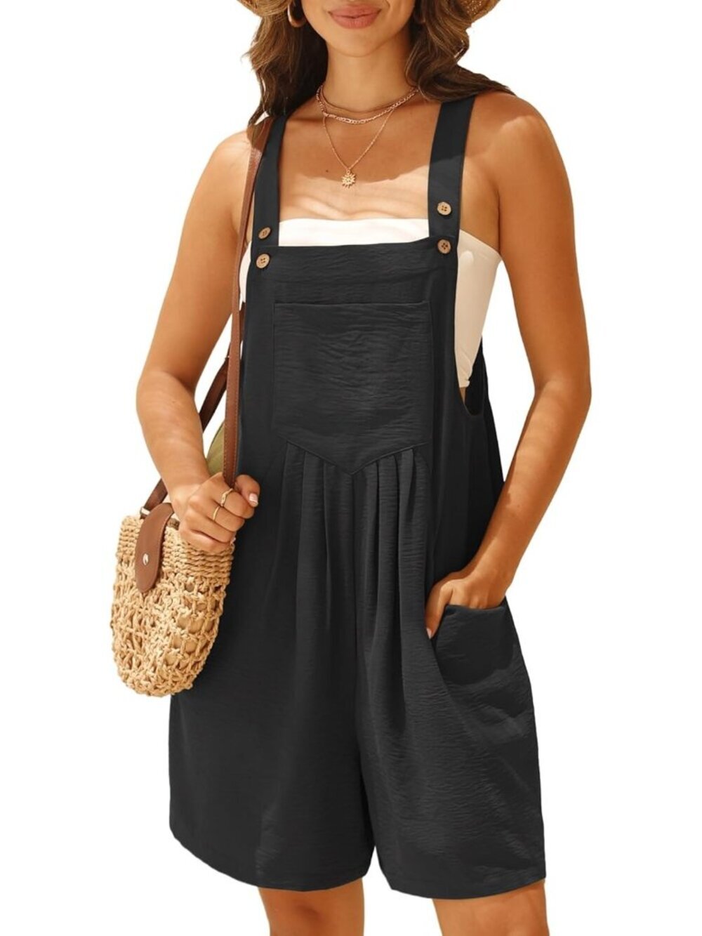 Women's Black Rompers Summer Wide Leg Shorts Overalls Adjustable Strap Bib